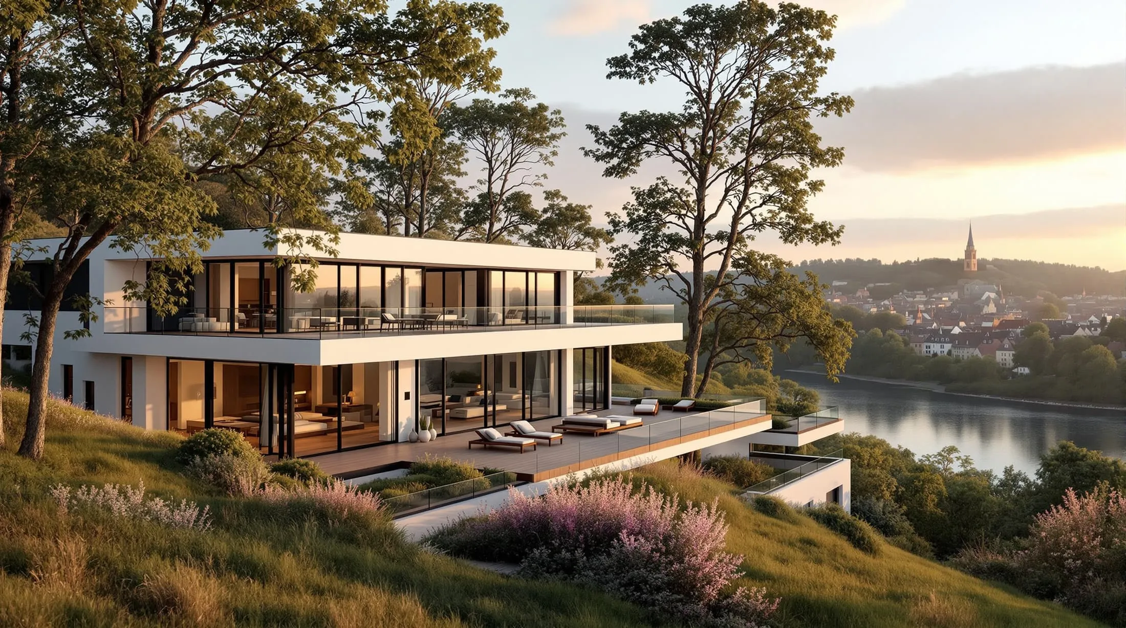 Moderne Villa mit Terrasse und Blick über die Elbe bei Lauenburg