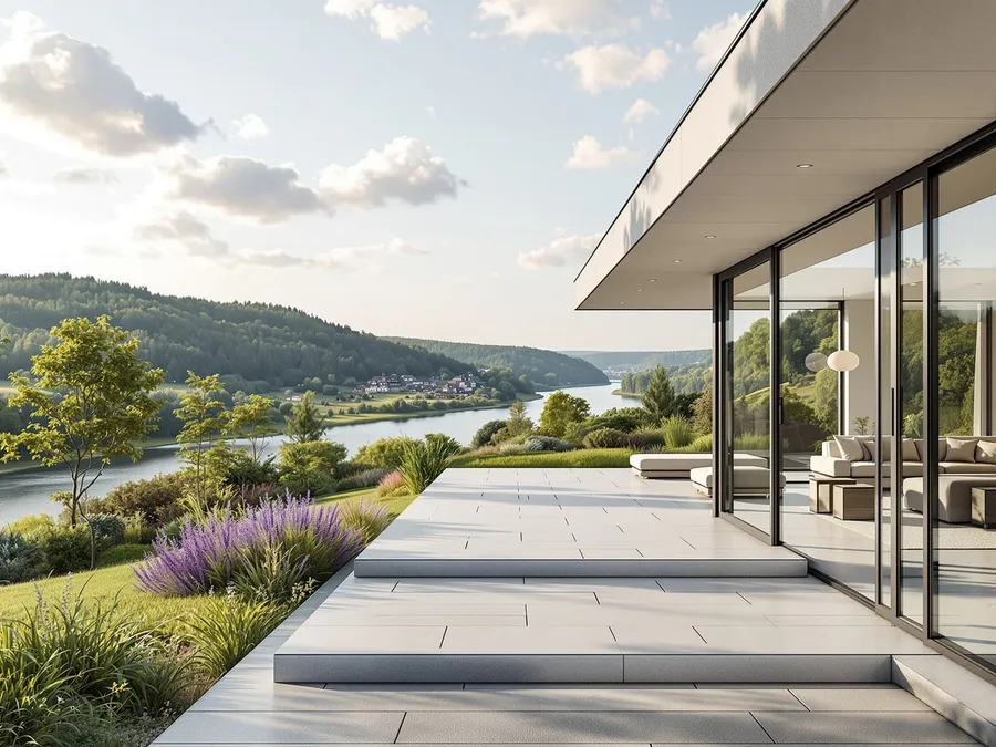 Moderne Villa mit großer Terrasse und Blick über das Elbtal